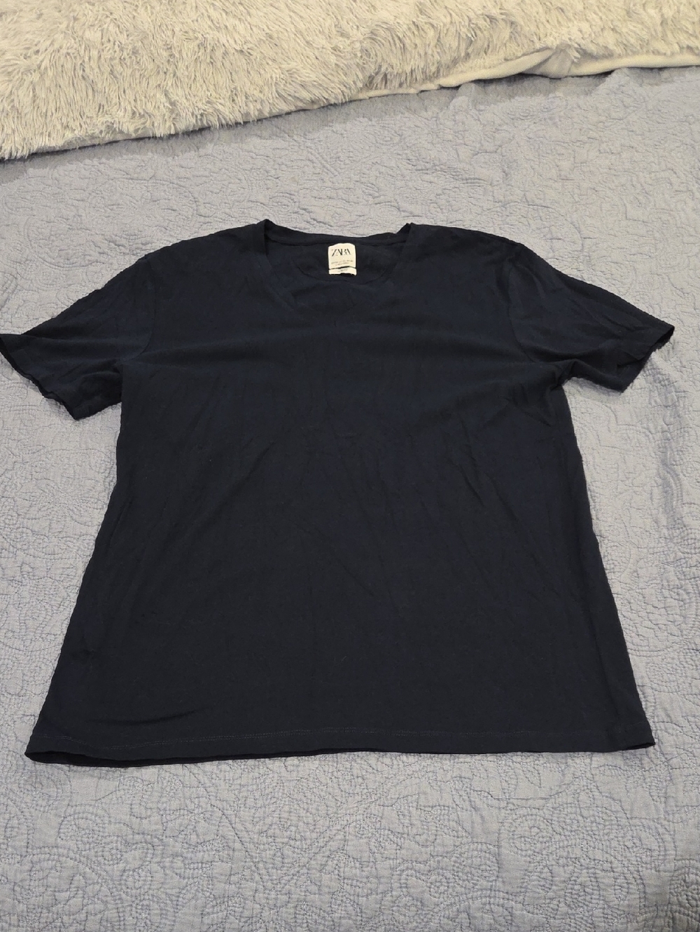 Zara Men Slim Fit Solid Dark Blue V-Neck Short Sleeve Tee Size XXL!